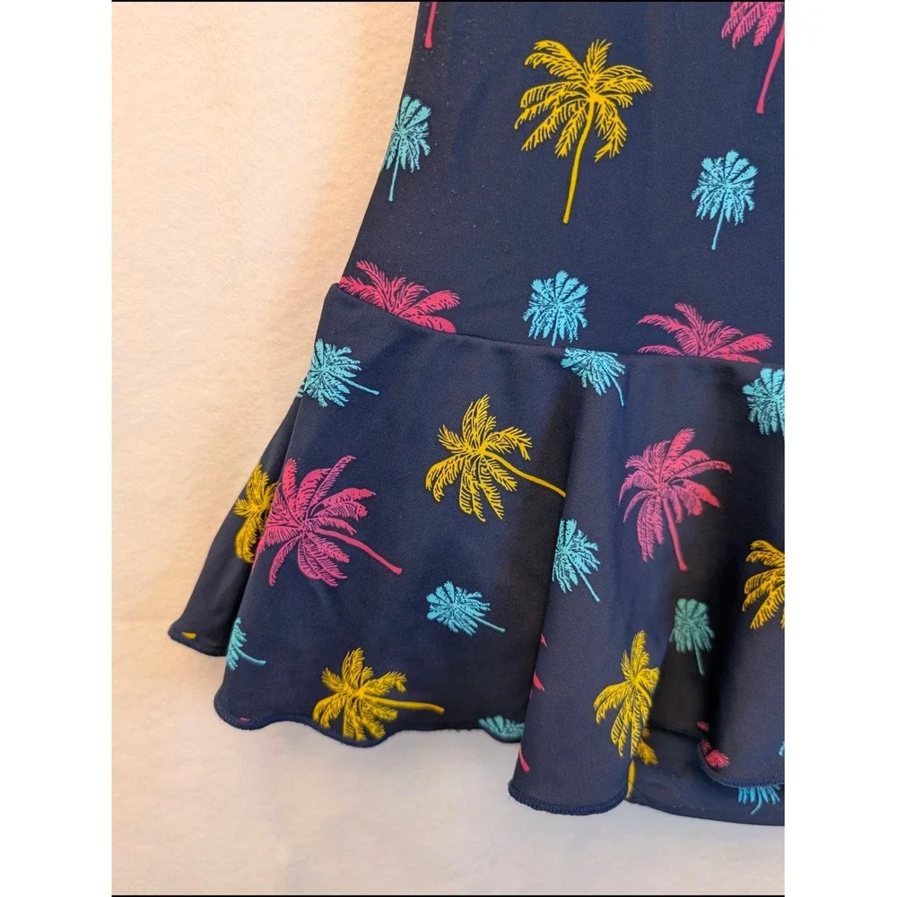 Shore Shapes Navy Blue Neon Palm Tree Ruched Halter Swim Dress One Piece Size 10